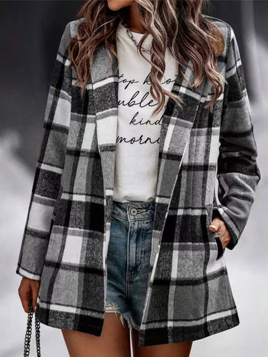 Plaid Brushed Color Woven Long sleeved Cardigan