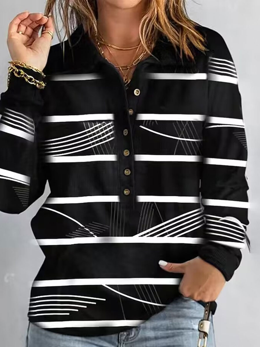 Polo Neck Casual Loose Printed Sweatshirt