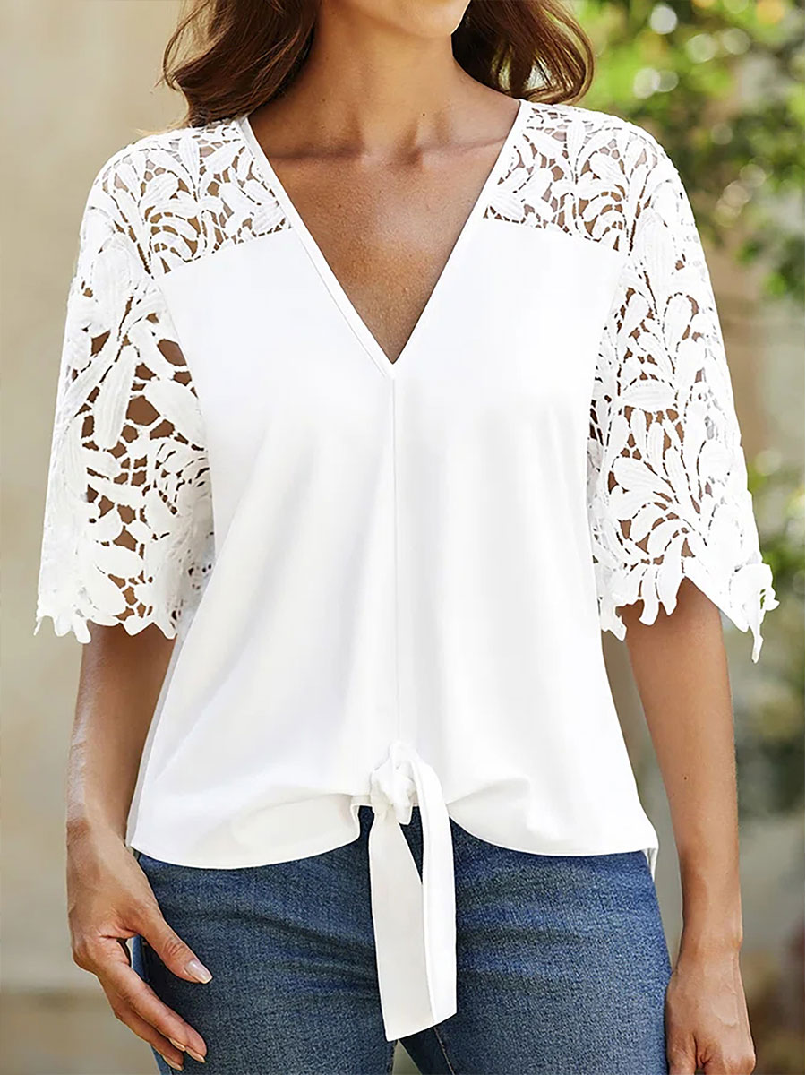 V neck Sexy Lace Hollow Short sleeved Chiffon Shirt