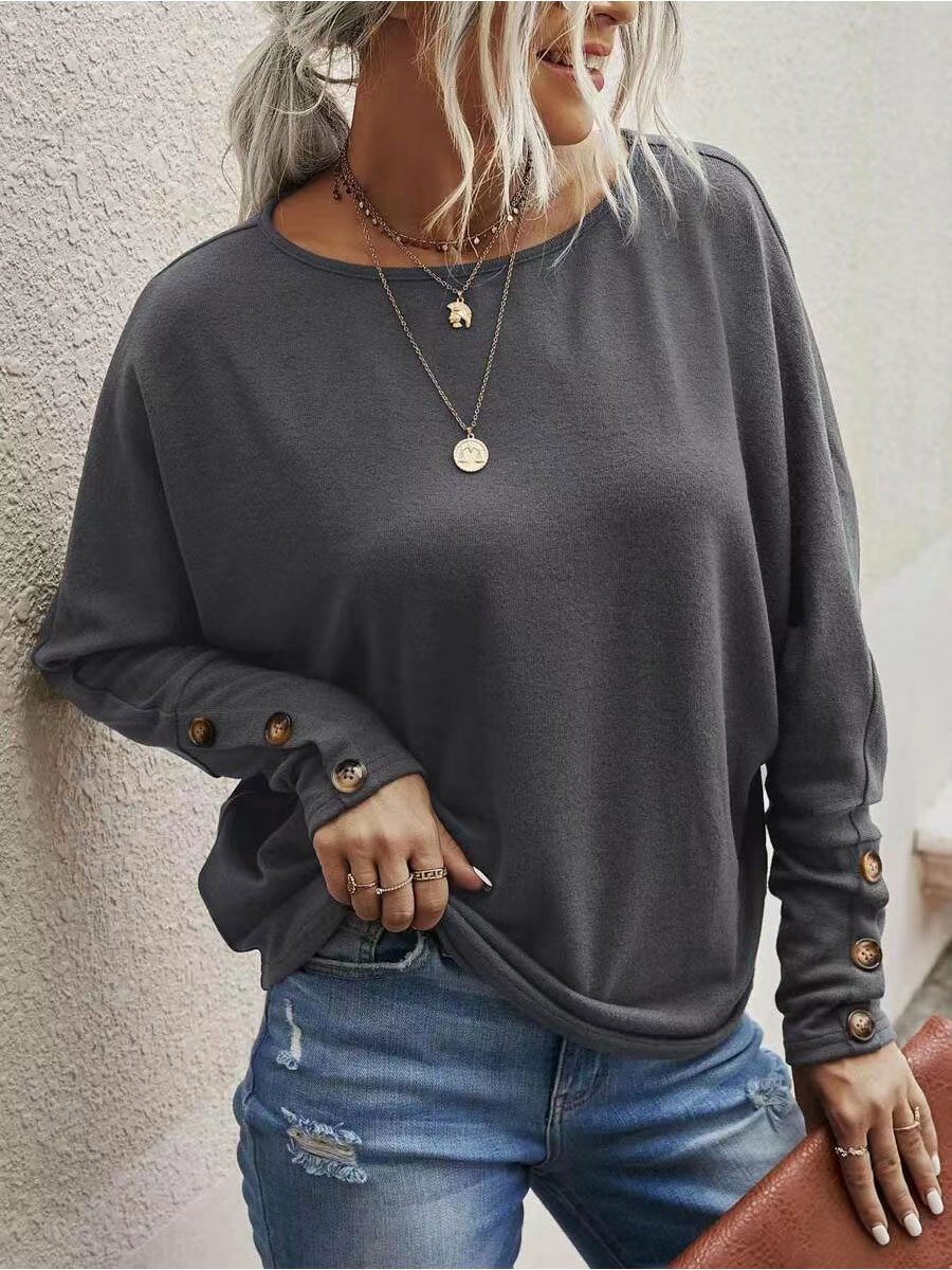Solid Color Button trimmed Round Neck Long sleeved T shirt