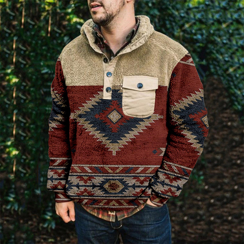 Men's Vintage Printed Plush Thermal Long Sleeve Sweatshirt