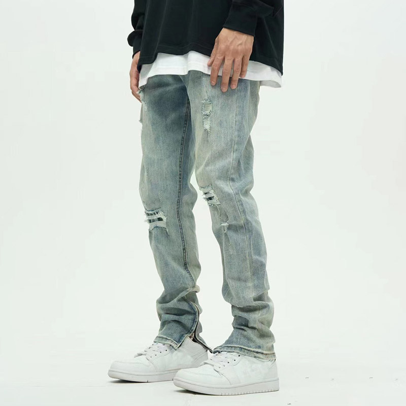 Mens Retro Hip Hop High Street Washed Stick Cloth Zipper Ripped Jeans