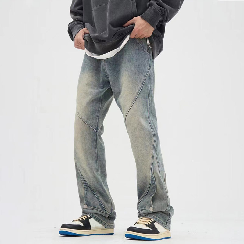 Mens Retro High Street Patchwork Straight Loose Hip Hop Overalls Jeans