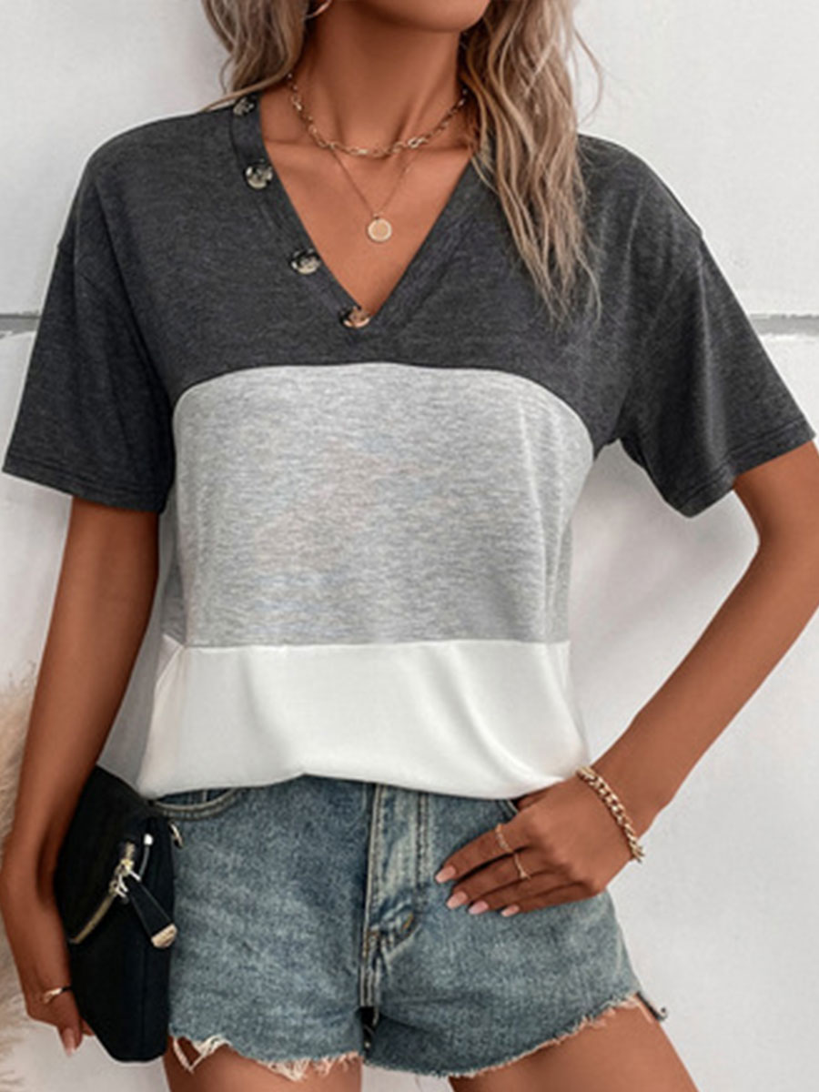 Color block Print V neck Casual Short sleeved T shirt