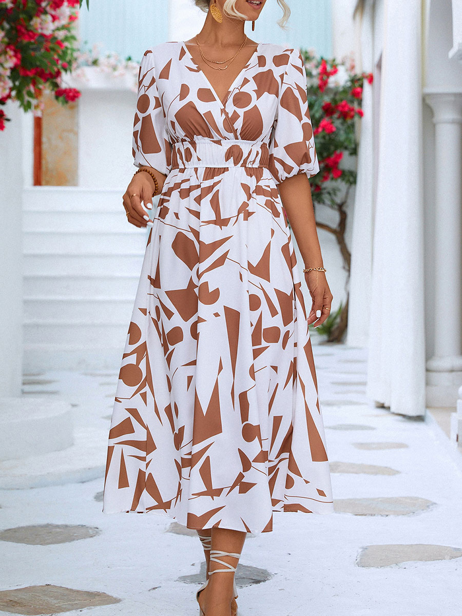V neck Fashion Print Puff Sleeve Long Dress