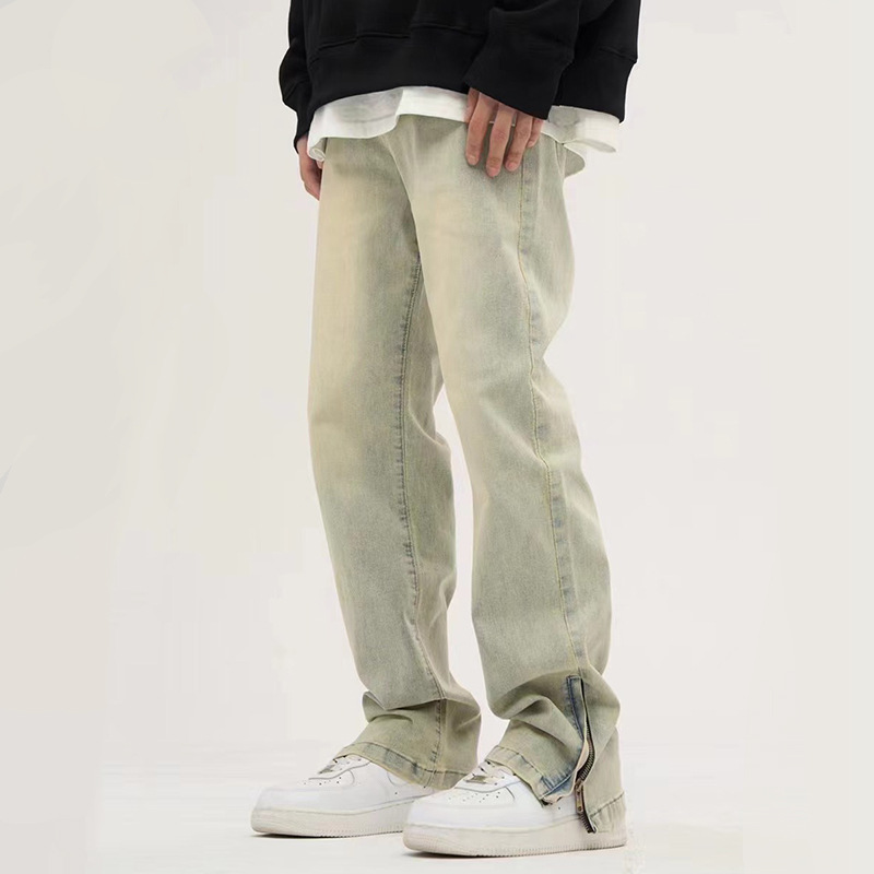 Mens Retro Yellow Mud Color Water Wash Loose Straight Foot Mouth Zipper Jeans