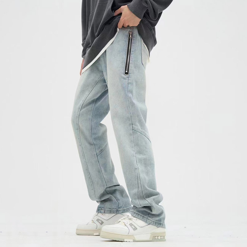 Mens Retro Washed Straight Leg High Street Vibe Zipper Pocket Jeans