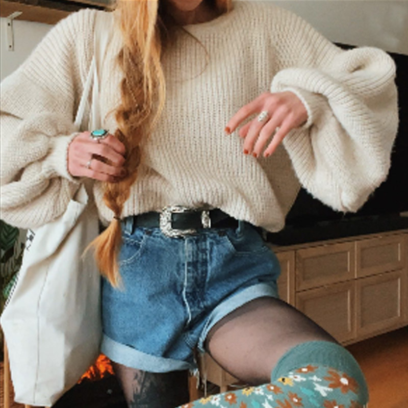 Women Vintage Solid Color Lantern Sleeve Loose Sweater