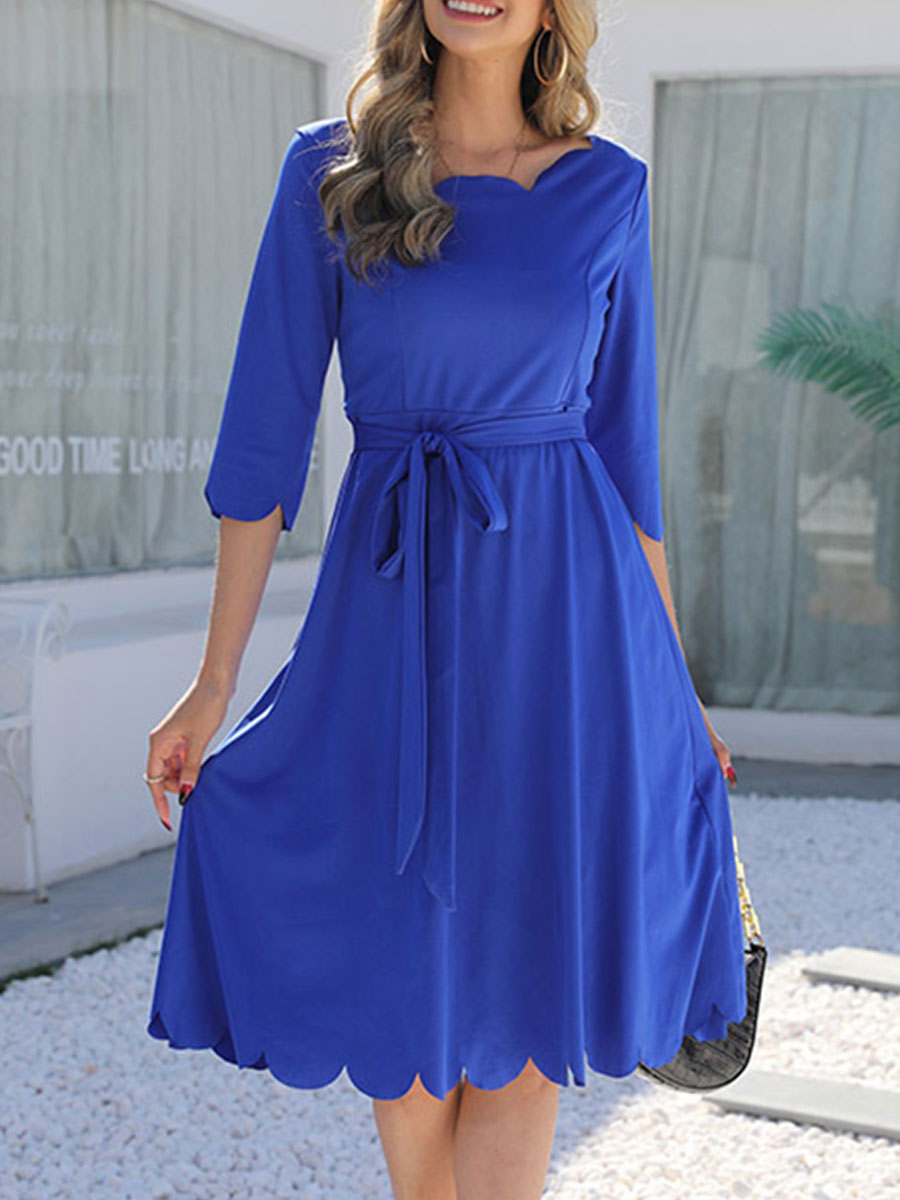 Long Scallop Neck Long Sleeve Tie Irregular Dress