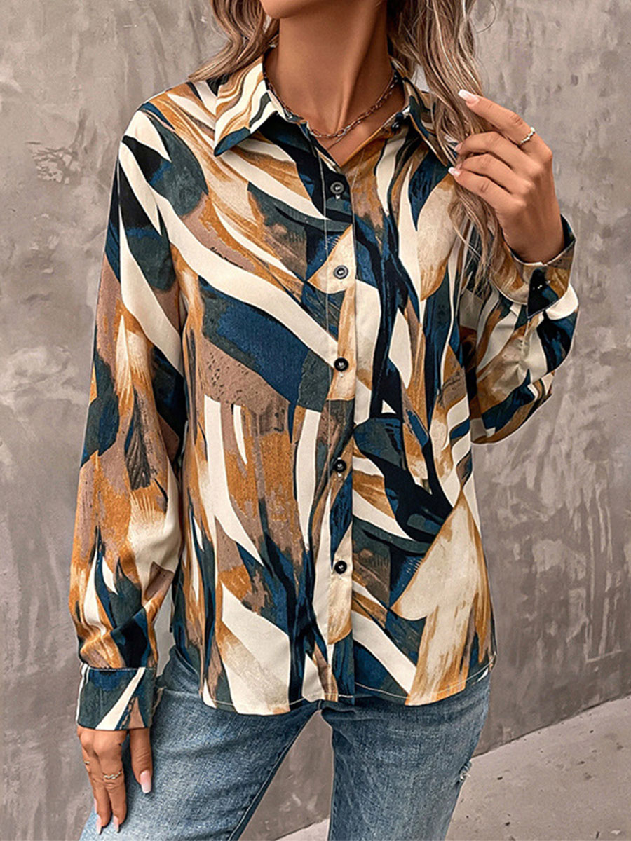 Long Sleeve Lapel Button Print Shirt