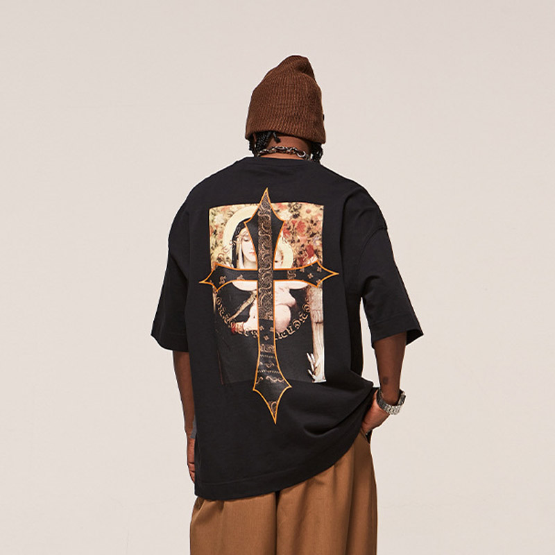Unisex Classic Cashew Flower Cross Printed Loose Casual T shirt