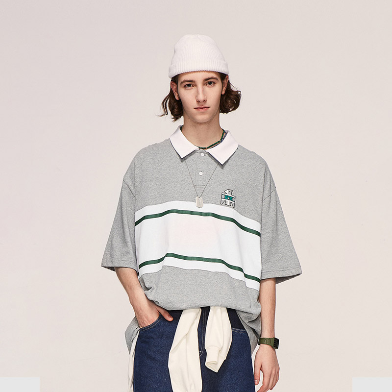 Unisex Spliced Lapel Striped Polo Short Sleeve T shirt