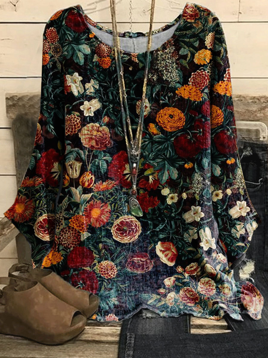 Round Neck Casual Loose Floral Print Long Sleeve Blouse