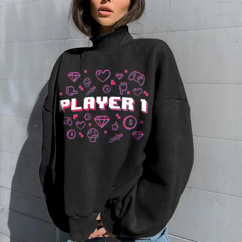 Ladies Printed Black Turtleneck Sweatshirt