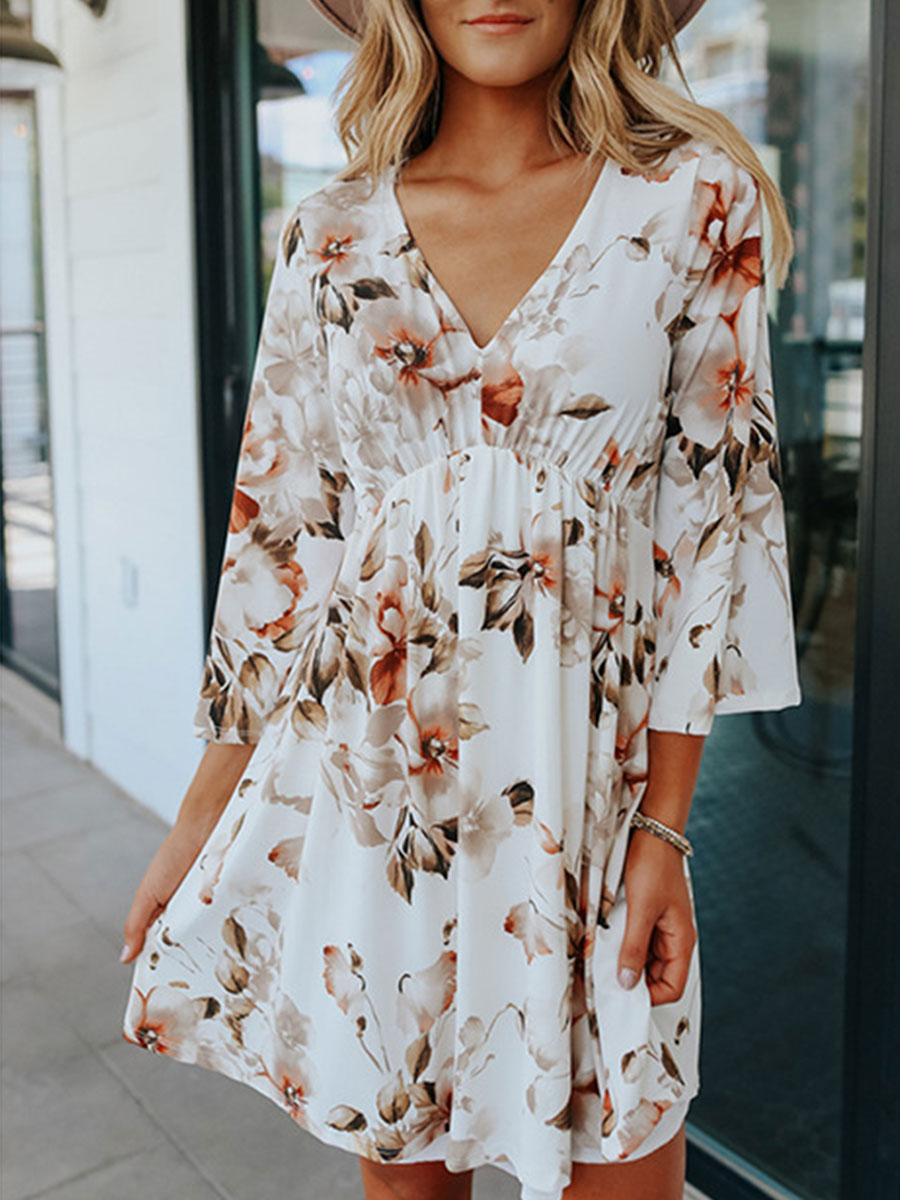 Floral V neck Pullover Knee length Dress