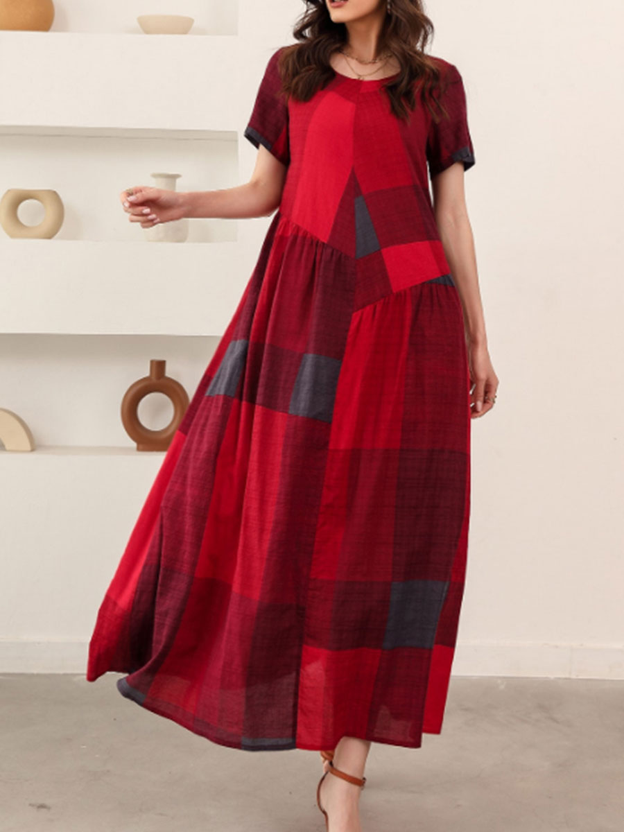 Literary Retro Loose Casual Plaid Long Dress
