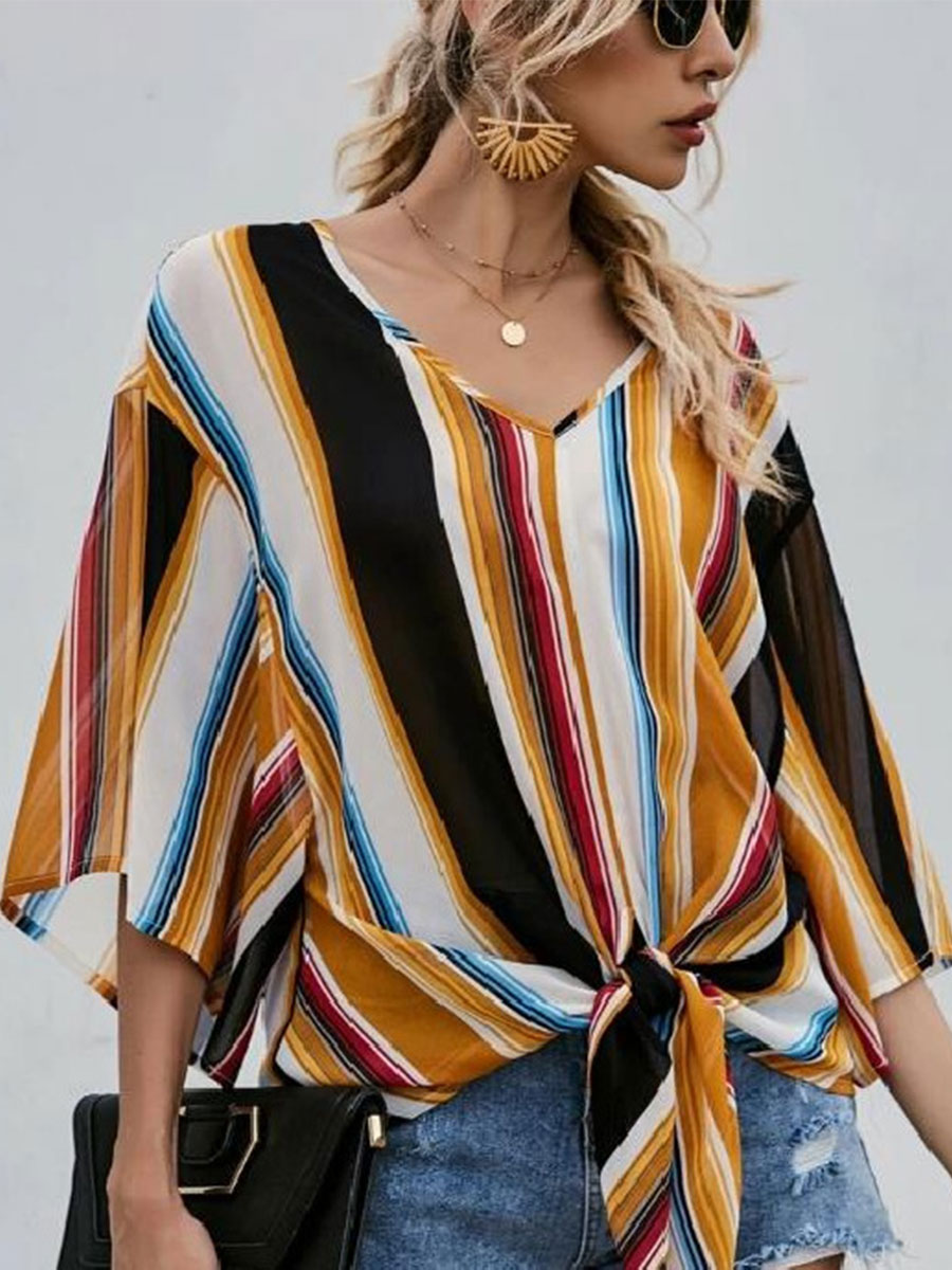 Striped Loose V neck Trumpet Sleeve Strap Ol Temperament Casual Strap Shirt