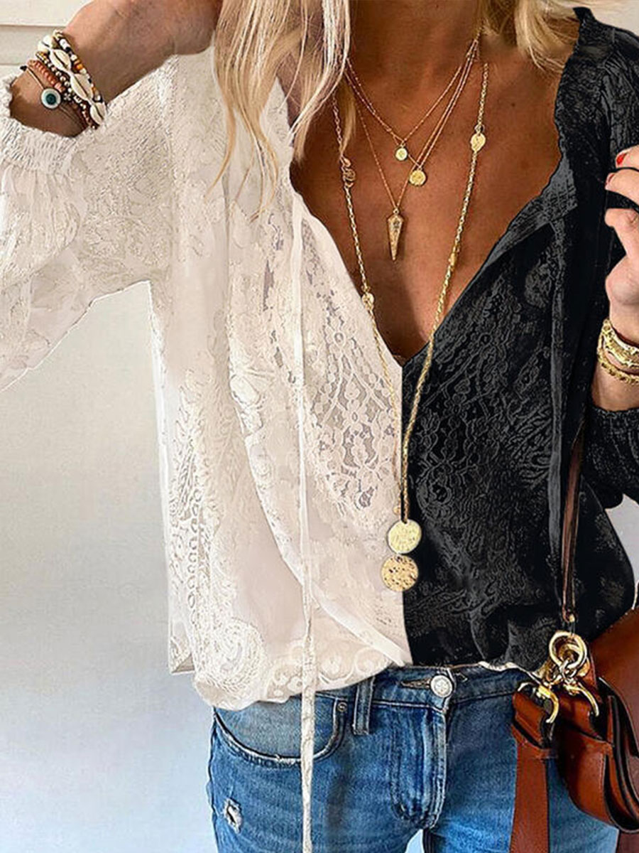 Loose Temperament Commuter Solid Color V neck Puff Sleeve Lace Shirt
