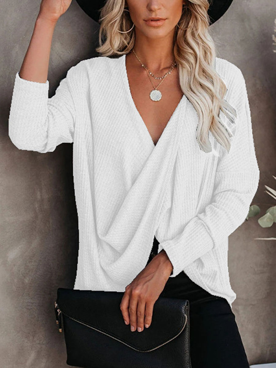 Casual Solid Color V neck Long sleeved T shirt