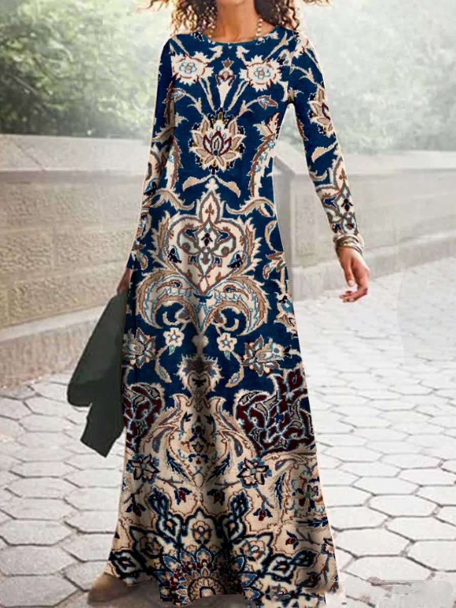 Round Neck Casual Vintage Print Long Sleeve Maxi Dress