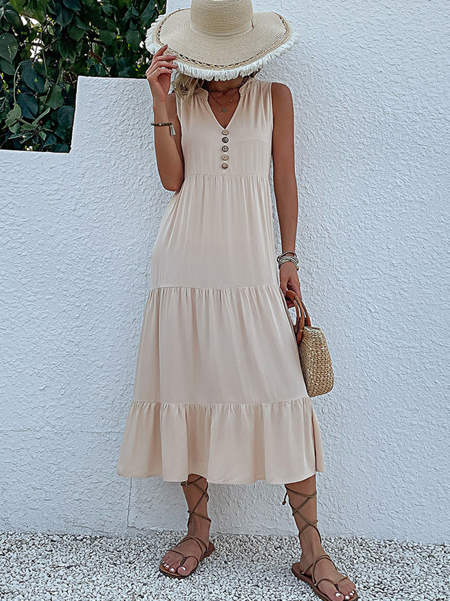 V Neck Sleevesless Solid Casual Loose Midi Dress