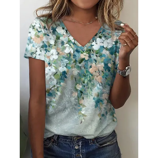 Short Sleeves V Neck Printed Casual T-shirt - Honeylop.chimpone.com 
