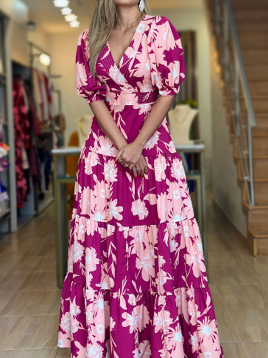 Pink Floral Print Sexy V neck Long sleeved Waist Lotus Leaf Skirt Long Dress