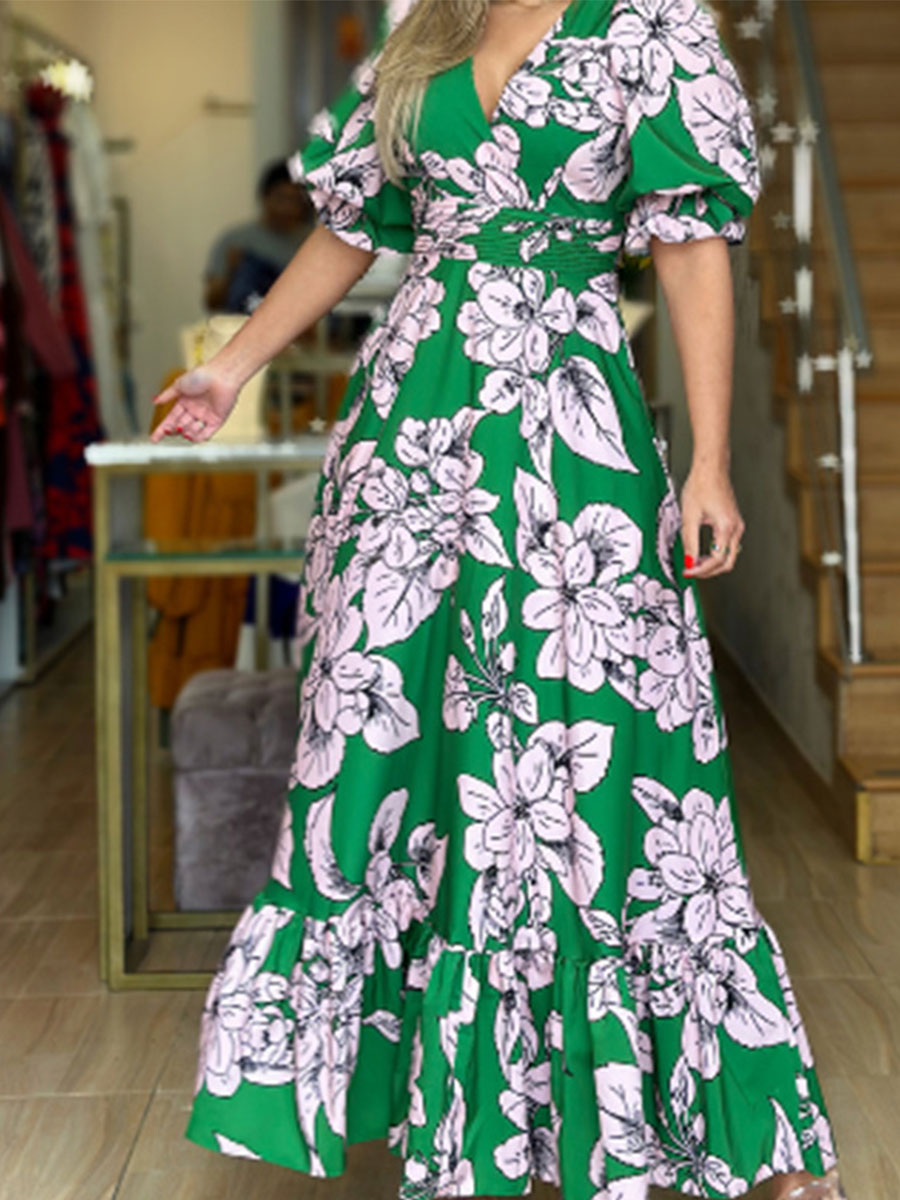 Pink Floral Print Sexy V neck Long sleeved Waist Lotus Leaf Skirt Long Dress