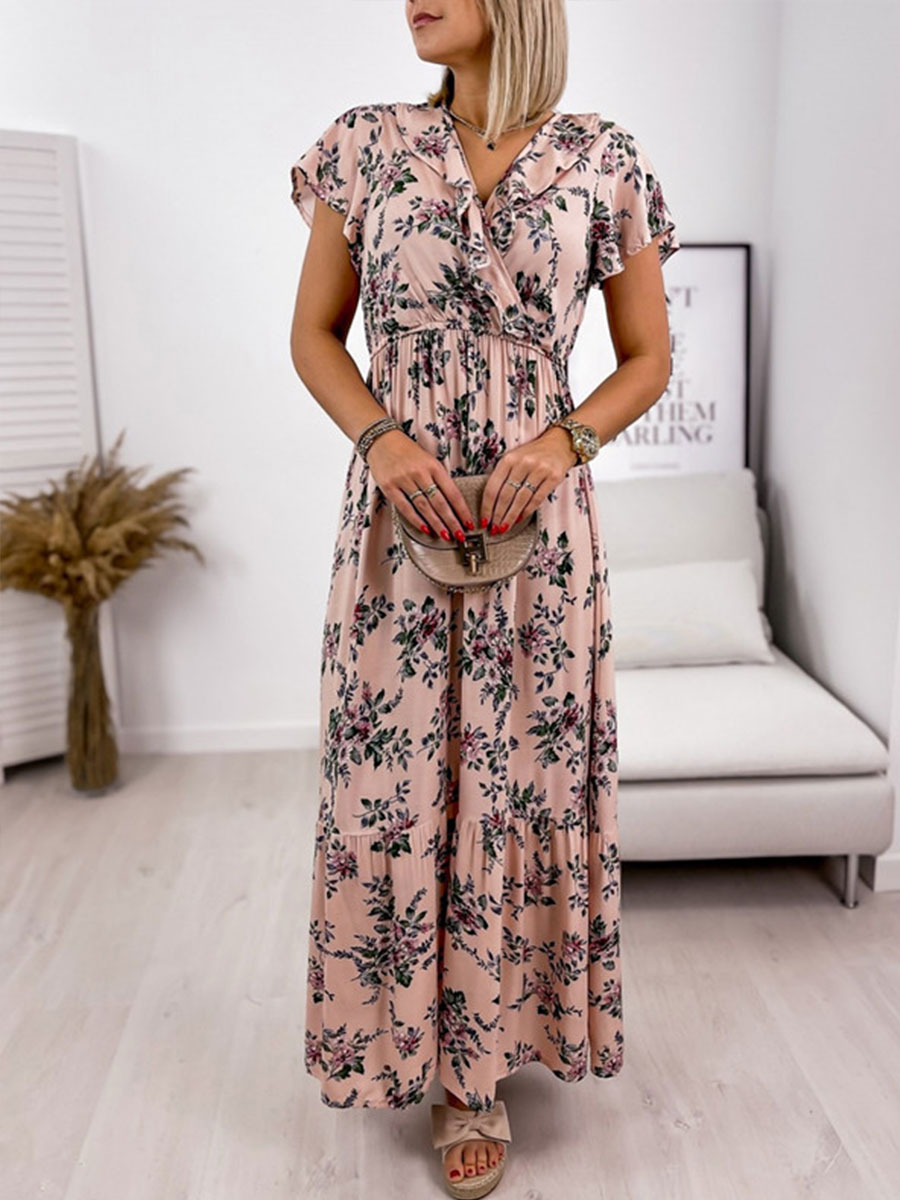 Fashion Print V neck Long Dress