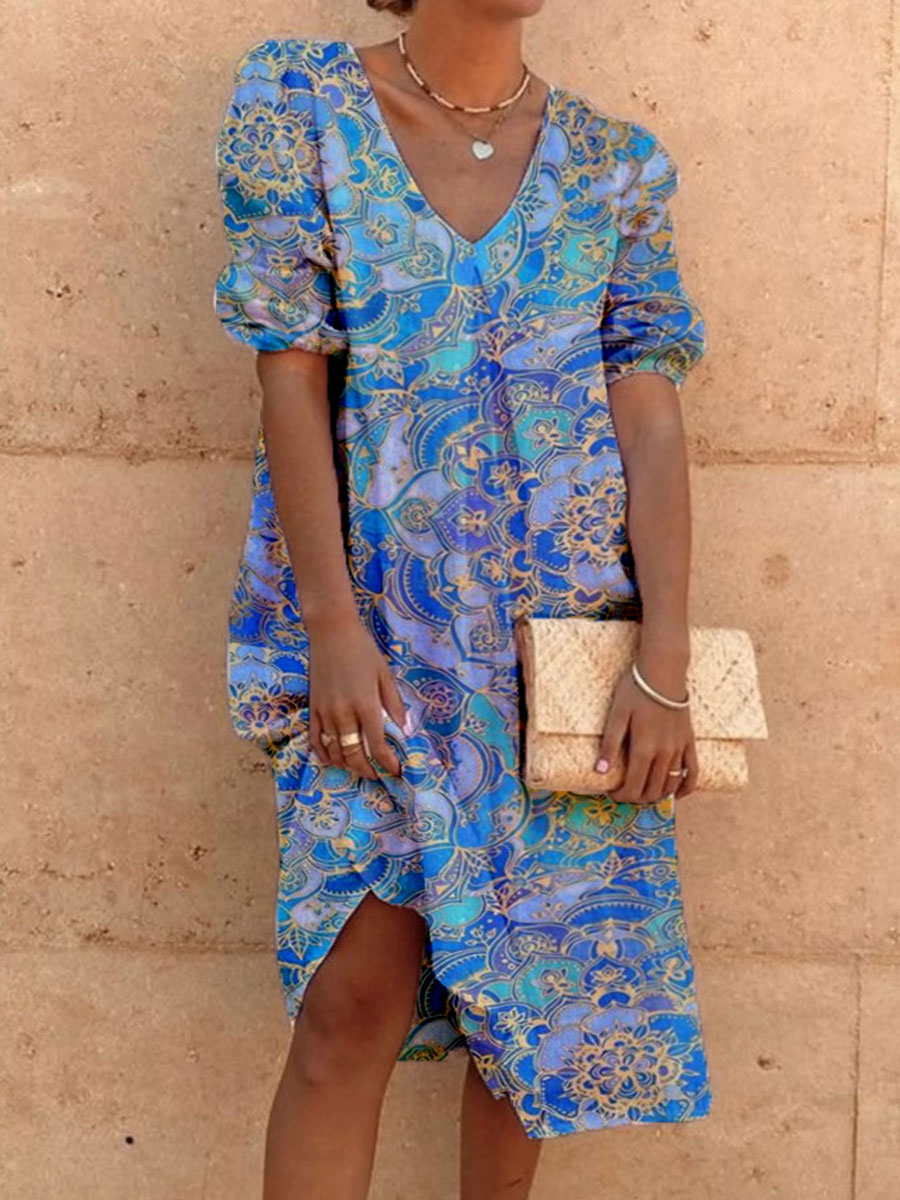 V neck Casual Loose Bronzing Print Holiday Short sleeved Midi Dress