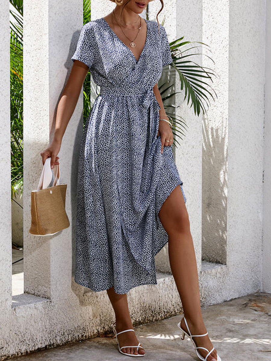 V neck Loose Printed Holiday Short Sleeve Midi Dress
