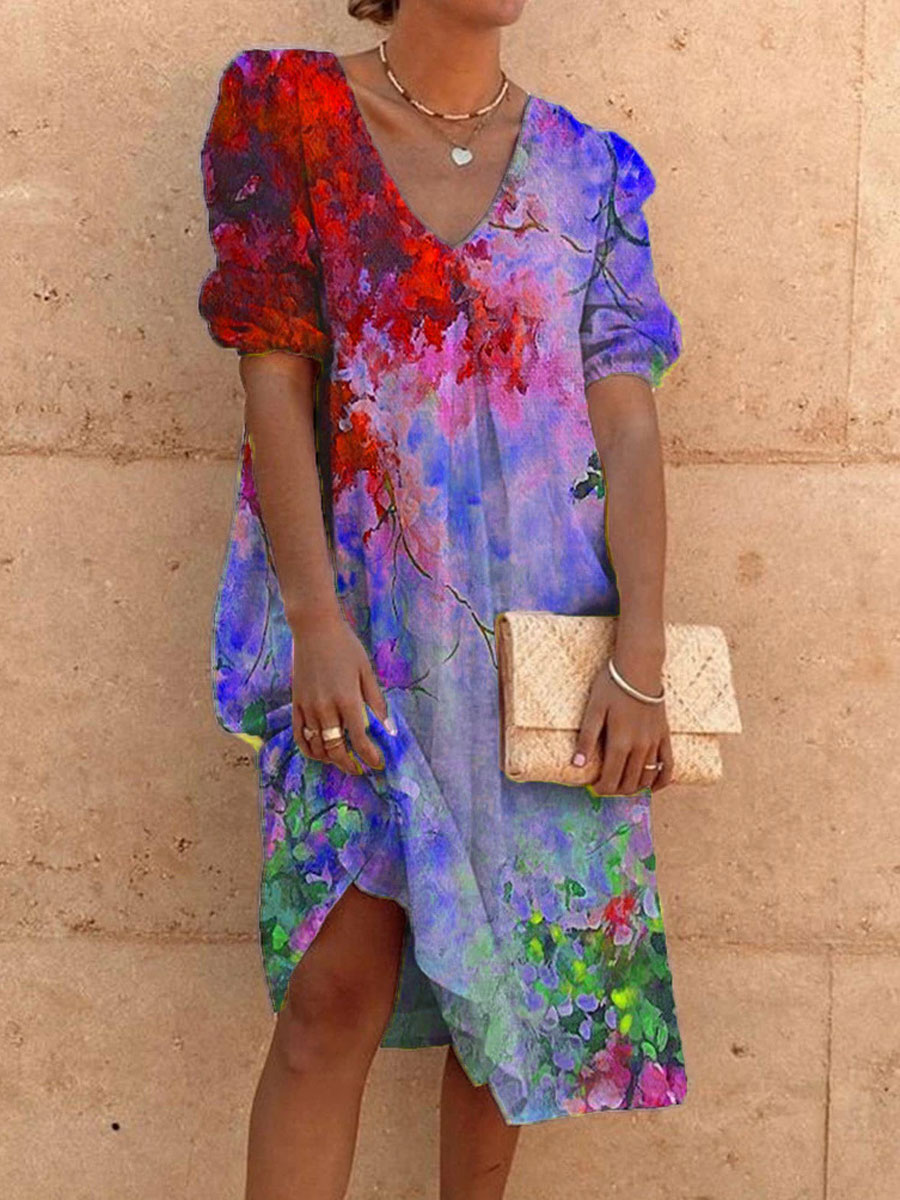 V neck Casual Loose Floral Print Short Sleeve Midi Dress
