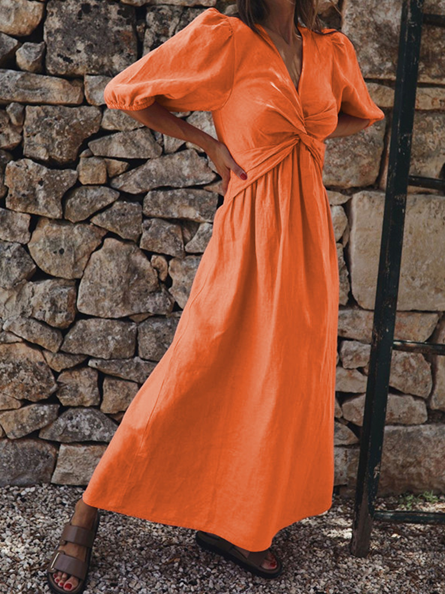 Linen V Neck Front Knot Short Sleeves Maxi Dress