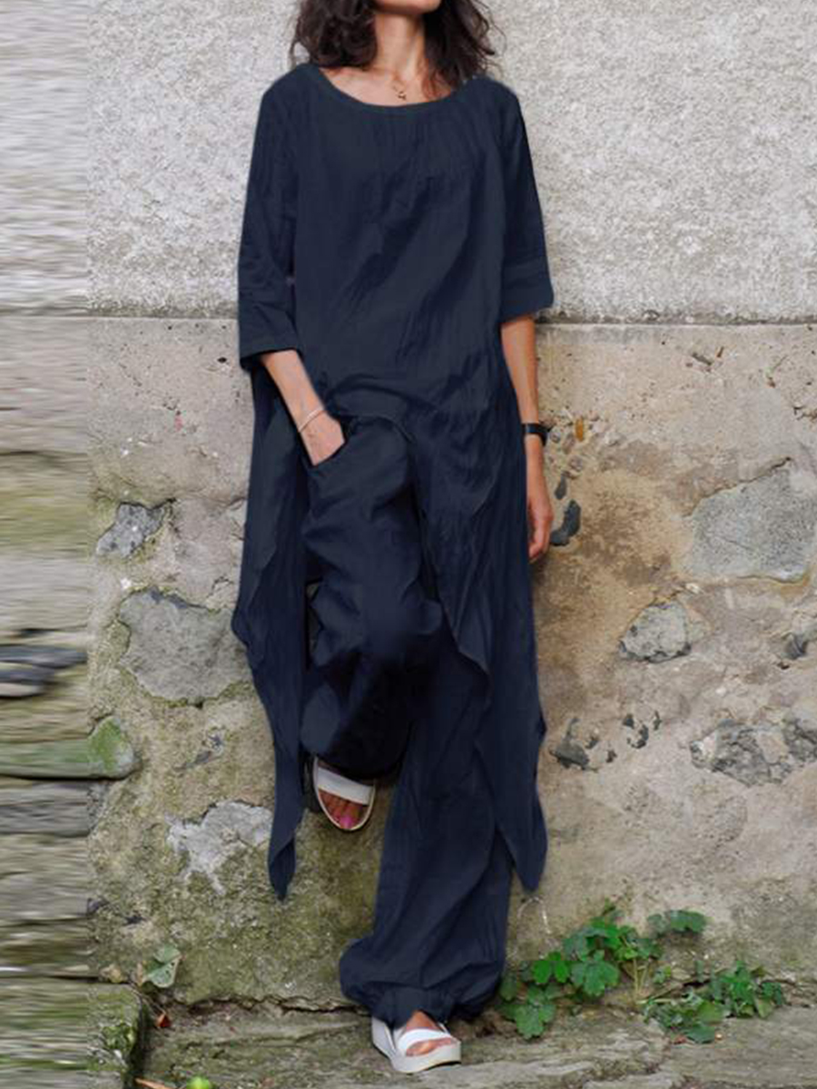 Casual Loose Top With Irregular Hem Round Collar 3/4 Sleeve Linen Suit