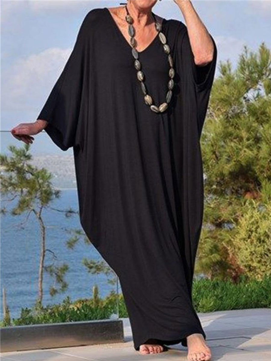 Casual 3/4 Sleeve V neck Solid Color Dress