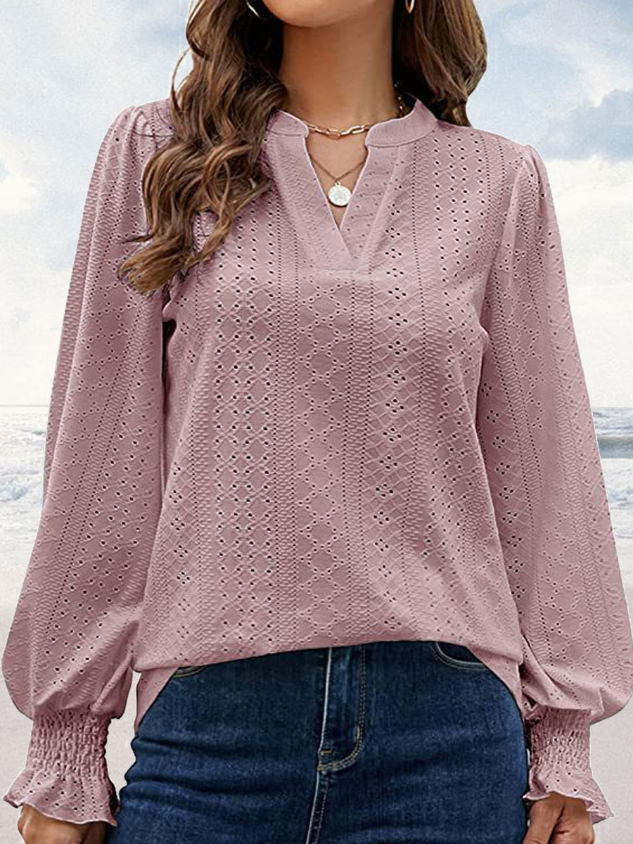 V neck Casual Loose Solid Color Hollow Long sleeved Blouse