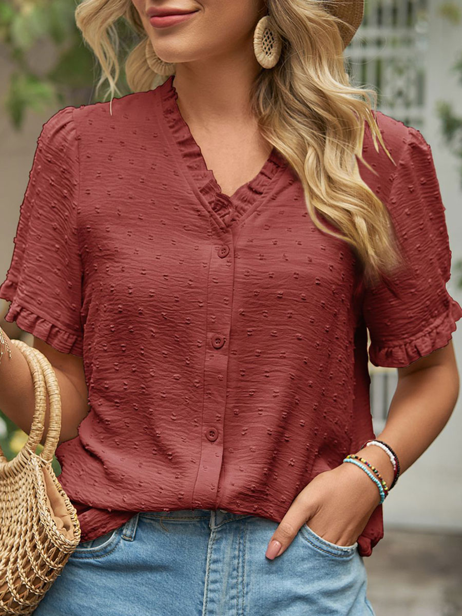 V neck Casual Loose Solid Color Jacquard Short sleeved Blouse
