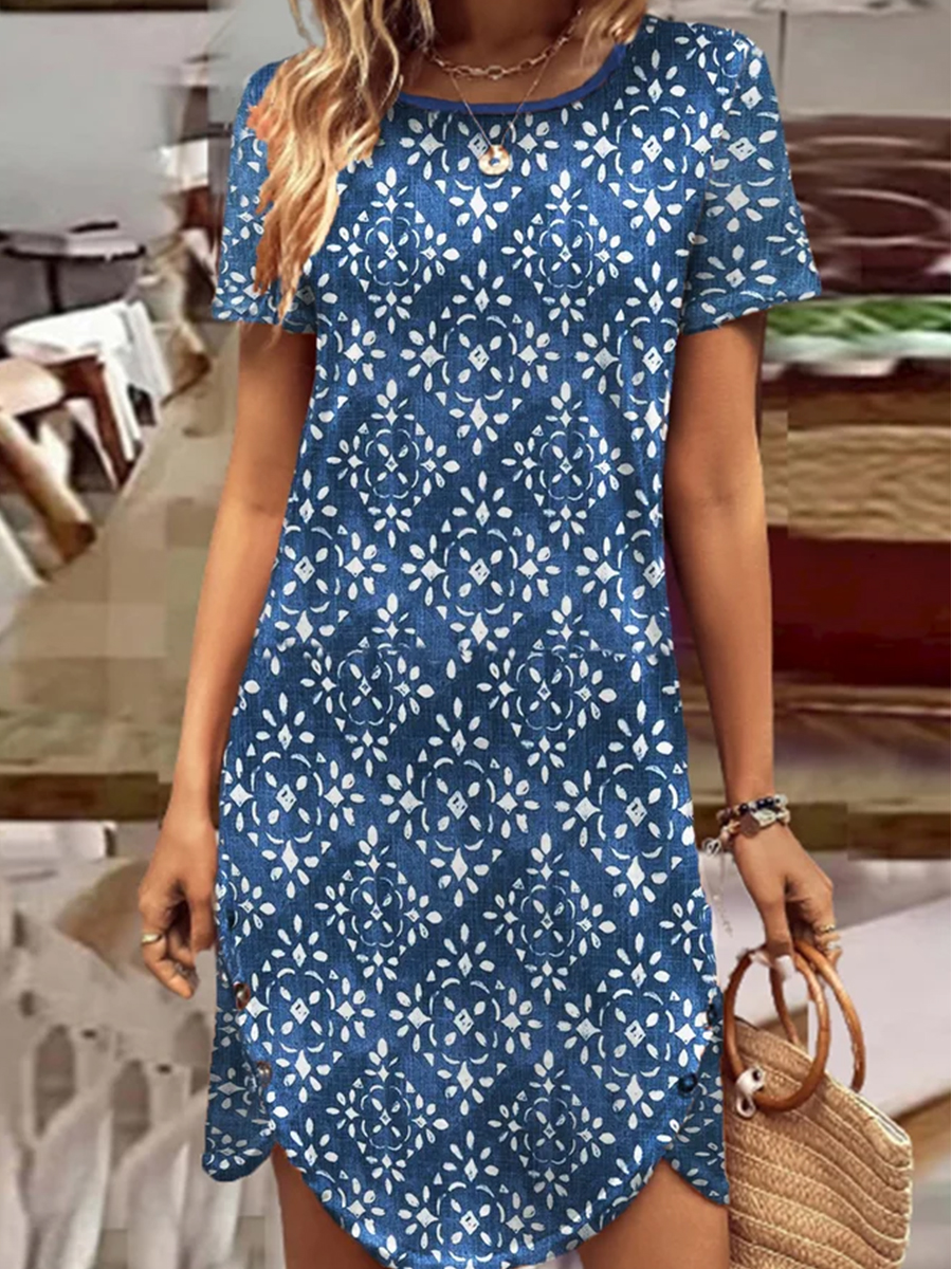 Round Neck Short Sleeves Casual Knitted Short Dress