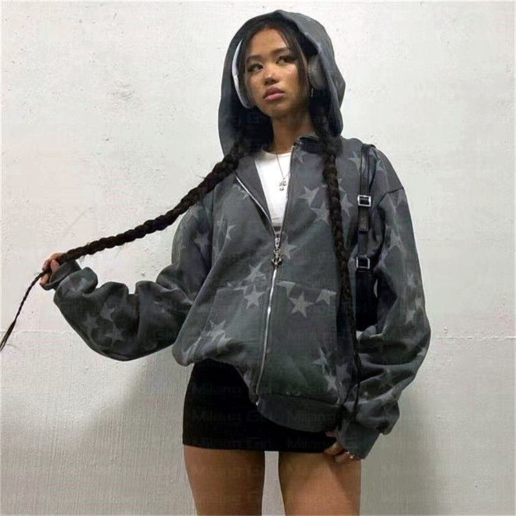 Oversized Stars Print Zip Up Hoodie