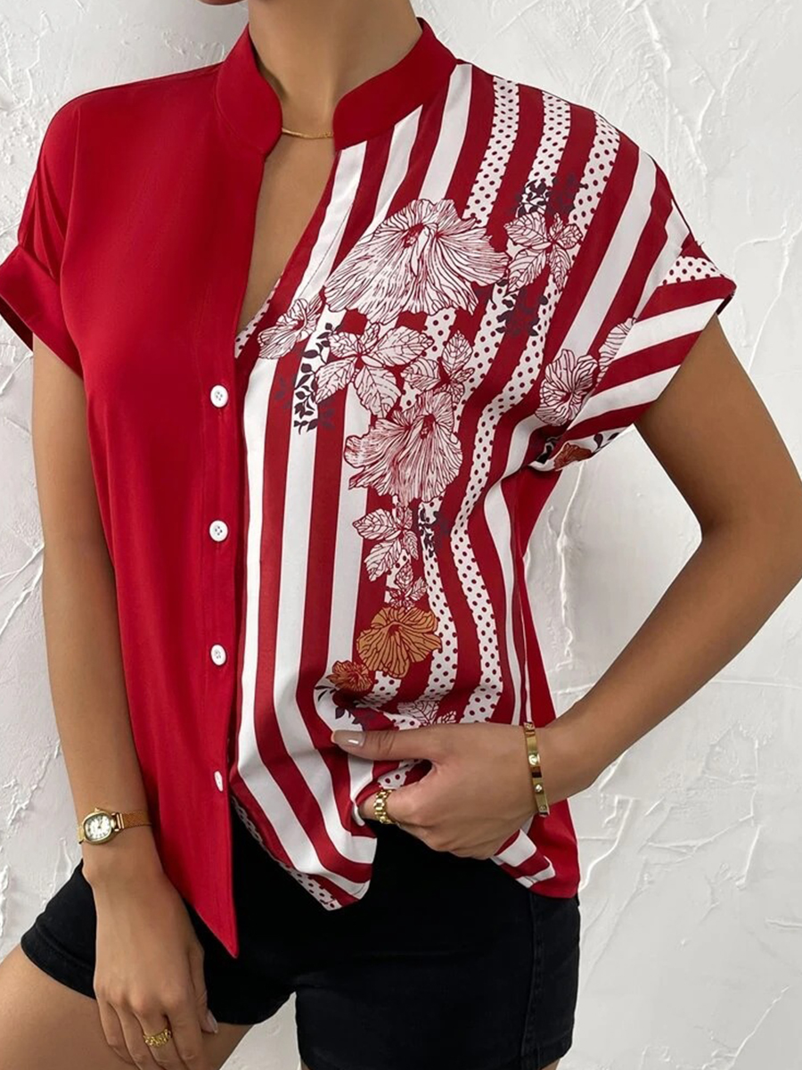 Women Short Sleeves Color block Printed Blouse