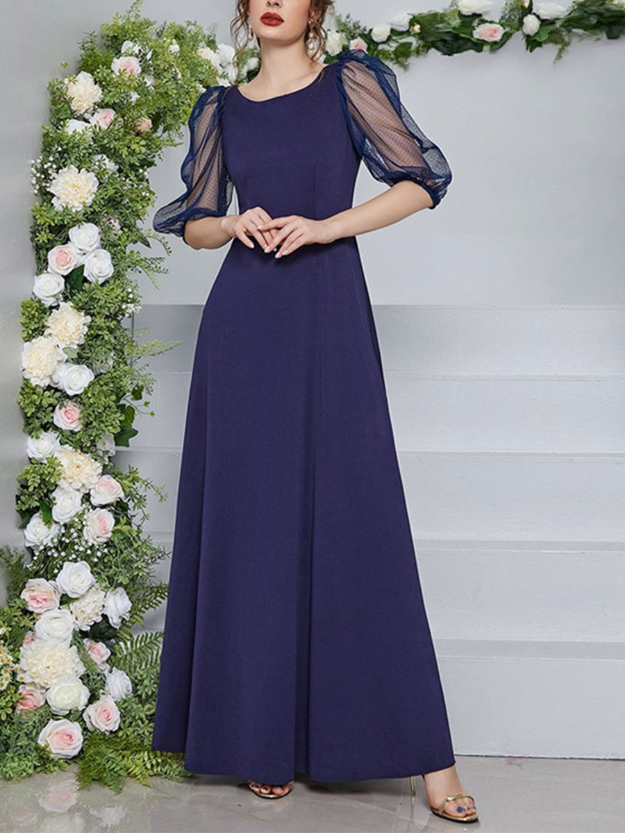 Gauze Round Neck High Waist Half Sleeve Dress