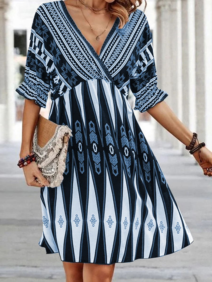 Women Casual Short Sleeves V Neck Stripes Short Dress