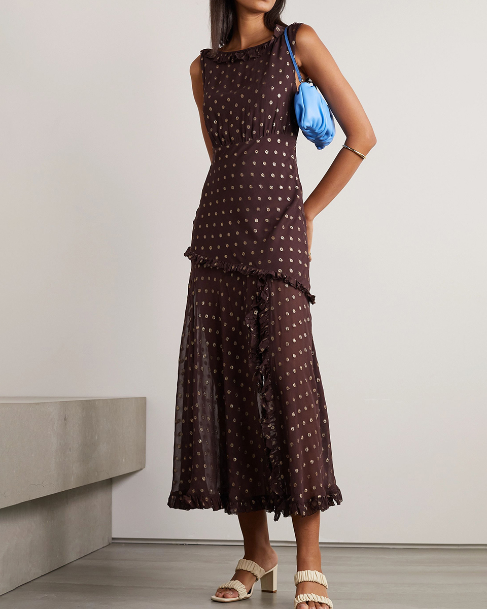 Ladies Elegant Fashion Paneling Polka Dot Printed Chiffon Dress