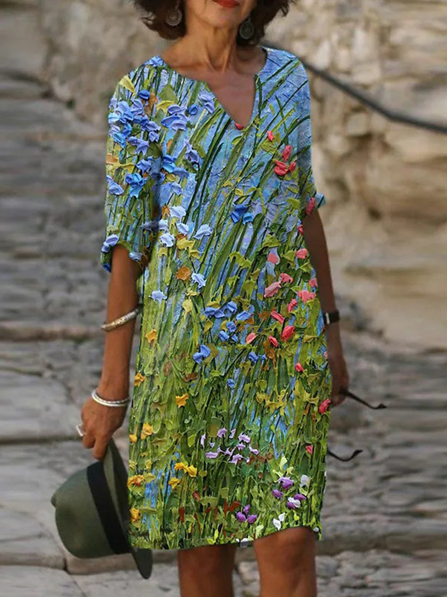 Half Sleeves V Neck Printed Casual Loose Short Dress