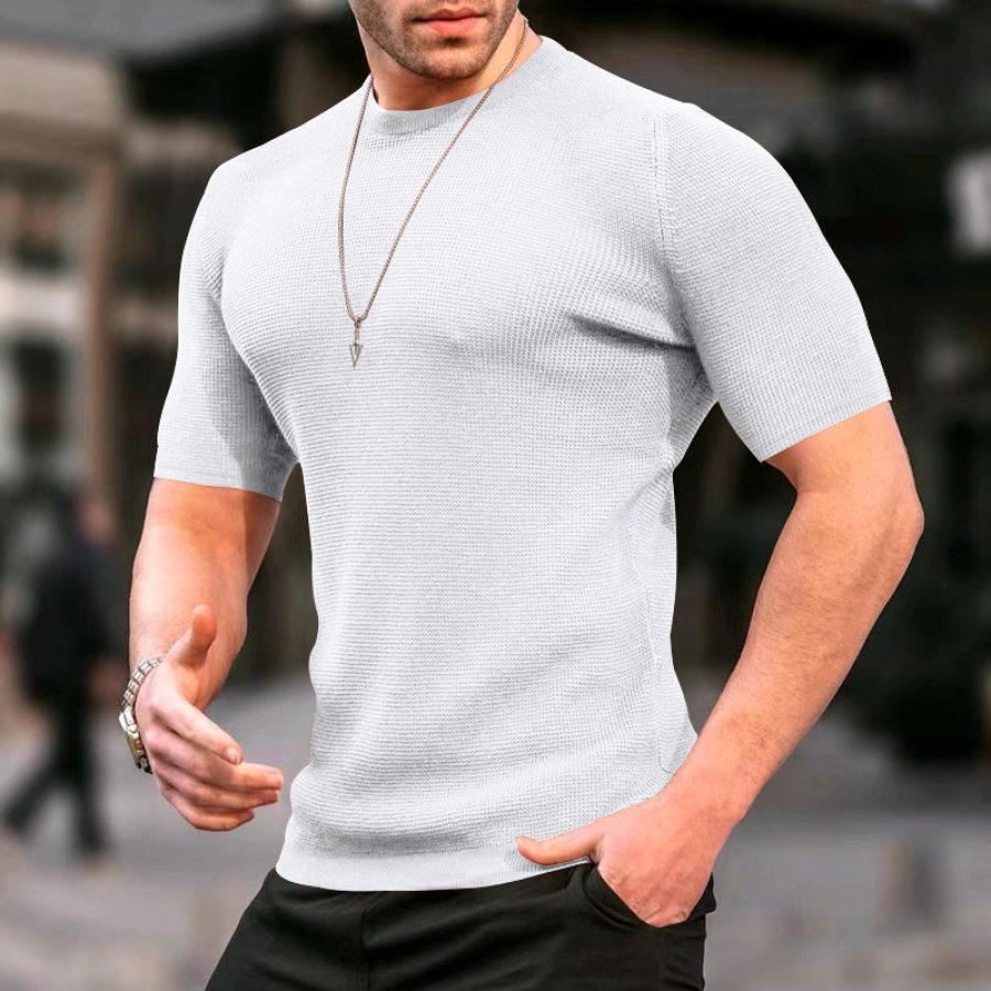 

Men's Solid Color Waffle Short Sleeve Knitted Casual Slim Sweater