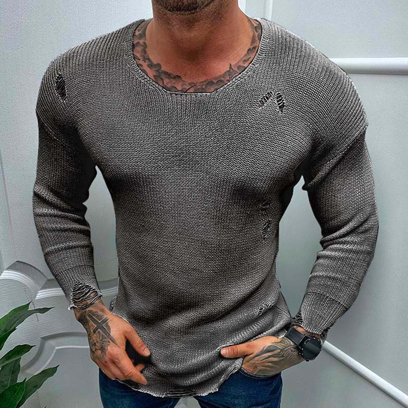 Mens Solid Color Knitted Chic Ripped Sweater Top