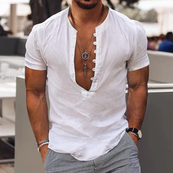 Men's Linen Simple Design V-Neck Short Sleeve Shirt - Chrisitina.com 