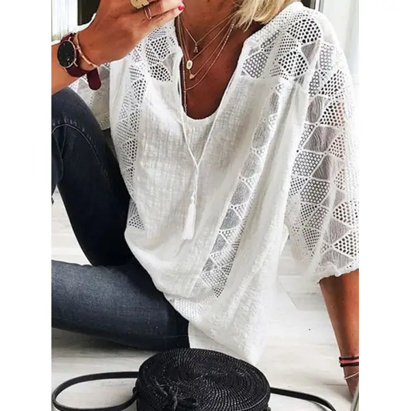 V-neck Casual Loose Solid Color Hollow Short-sleeved Blouse - Chrisitina.com 