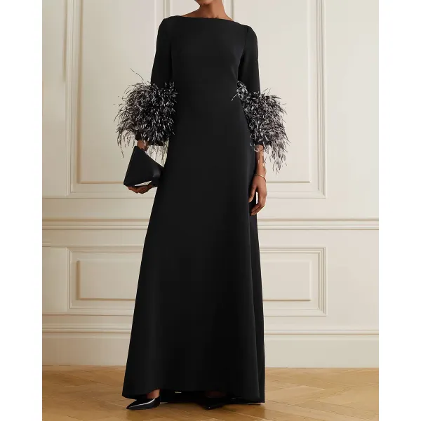 Women's Elegant Simple Black And White Feather Long Sleeve Party Dress - Yiyistories.com 