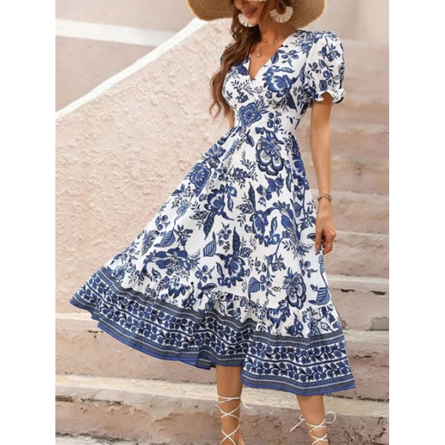 

V-neck Floral Print Vacation Short Sleeve Midi Dress